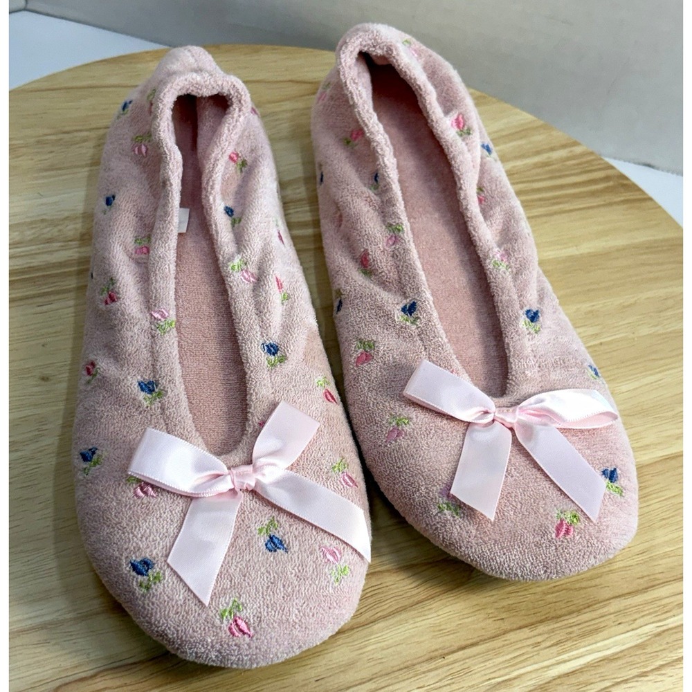 Isotoner Women's Pink Floral Bow Ballet Slippers XL US 10 EU 41 Slip-On